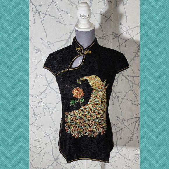 Jin Yue Fu Shi Black & Gold Peacock Embroidered Asian Blouse - Picture 1 of 5